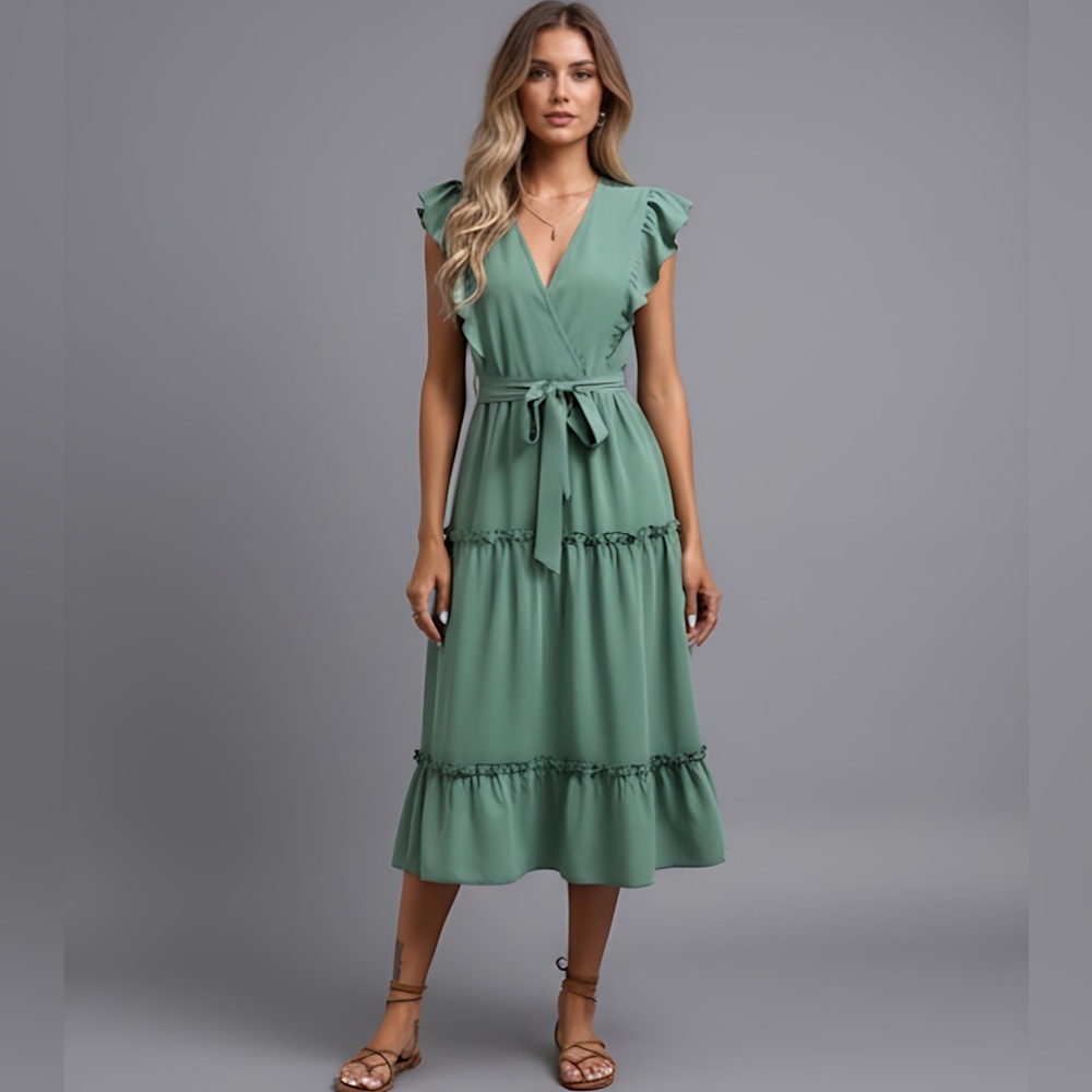 Green Butterfly Sleeve Ruffle Hem Belted Dress